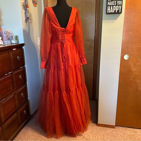 NWOT burnt orange tulle puffy sleeve long prom dress size 10 bridesmaid formal - Picture 3 of 8